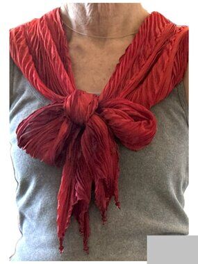 Sharon Kilfoyle Scarf Silk Red Maroon Pleated Arashi Shibori with Beaded Ends